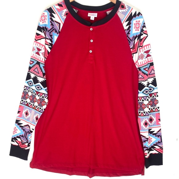 (A53) NEW LuLaroe Mark long-sleeve with Aztec printed sleeves Tee, Sz XL, NWOT - Picture 3 of 8